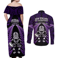 New Zealand Aotearoa Rugby Couples Matching Off Shoulder Maxi Dress and Long Sleeve Button Shirts NZ Tiki With Maori Fern World Cup Purple Version LT14 - Polynesian Pride