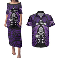 New Zealand Aotearoa Rugby Couples Matching Puletasi Dress and Hawaiian Shirt NZ Tiki With Maori Fern World Cup Purple Version LT14 Purple - Polynesian Pride