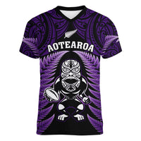 New Zealand Aotearoa Rugby Women V Neck T Shirt NZ Tiki With Maori Fern World Cup Purple Version LT14 Female Purple - Polynesian Pride