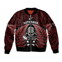New Zealand Aotearoa Rugby Sleeve Zip Bomber Jacket NZ Tiki With Maori Fern World Cup Red Version LT14 Unisex Red - Polynesian Pride
