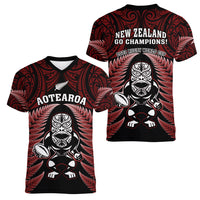 New Zealand Aotearoa Rugby Women V Neck T Shirt NZ Tiki With Maori Fern World Cup Red Version LT14 - Polynesian Pride