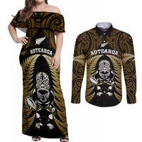 New Zealand Aotearoa Rugby Couples Matching Off Shoulder Maxi Dress and Long Sleeve Button Shirts NZ Tiki With Maori Fern World Cup Gold Version LT14 Gold - Polynesian Pride