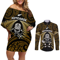 New Zealand Aotearoa Rugby Couples Matching Off Shoulder Short Dress and Long Sleeve Button Shirts NZ Tiki With Maori Fern World Cup Gold Version LT14 Gold - Polynesian Pride