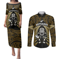 New Zealand Aotearoa Rugby Couples Matching Puletasi Dress and Long Sleeve Button Shirts NZ Tiki With Maori Fern World Cup Gold Version LT14 Gold - Polynesian Pride