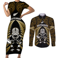 New Zealand Aotearoa Rugby Couples Matching Short Sleeve Bodycon Dress and Long Sleeve Button Shirts NZ Tiki With Maori Fern World Cup Gold Version LT14 Gold - Polynesian Pride