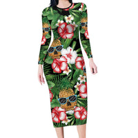 Pineapple Skull Aloha Hawaii Long Sleeve Bodycon Dress Summer Vibes Tropical Seamless Pattern - Polynesian Pride