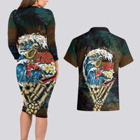 Aloha Hawaii Surfing Skull Couples Matching Long Sleeve Bodycon Dress and Hawaiian Shirt Shaka Skeleton Ride The Waves - Polynesian Pride