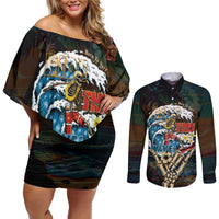 Aloha Hawaii Surfing Skull Couples Matching Off Shoulder Short Dress and Long Sleeve Button Shirt Shaka Skeleton Ride The Waves - Polynesian Pride