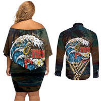 Aloha Hawaii Surfing Skull Couples Matching Off Shoulder Short Dress and Long Sleeve Button Shirt Shaka Skeleton Ride The Waves - Polynesian Pride