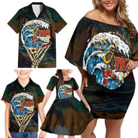 Aloha Hawaii Surfing Skull Family Matching Off Shoulder Short Dress and Hawaiian Shirt Shaka Skeleton Ride The Waves - Polynesian Pride