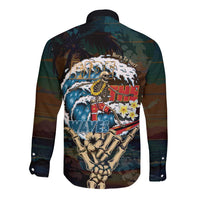 Aloha Hawaii Surfing Skull Long Sleeve Button Shirt Shaka Skeleton Ride The Waves - Polynesian Pride