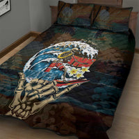 Aloha Hawaii Surfing Skull Quilt Bed Set Shaka Skeleton Ride The Waves - Polynesian Pride