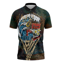 Aloha Hawaii Surfing Skull Zipper Polo Shirt Shaka Skeleton Ride The Waves LT14 Black - Polynesian Pride