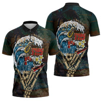 Aloha Hawaii Surfing Skull Zipper Polo Shirt Shaka Skeleton Ride The Waves LT14 - Polynesian Pride