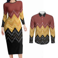Kaokao Maori Tukutuku Inspired New Zealand Couples Matching Long Sleeve Bodycon Dress and Long Sleeve Button Shirt