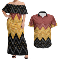 Kaokao Maori Tukutuku Inspired New Zealand Couples Matching Off Shoulder Maxi Dress and Hawaiian Shirt