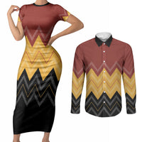 Kaokao Maori Tukutuku Inspired New Zealand Couples Matching Short Sleeve Bodycon Dress and Long Sleeve Button Shirt