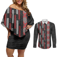 Roimata Toroa Maori Taniko Inspired New Zealand Couples Matching Off Shoulder Short Dress and Long Sleeve Button Shirt