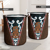 New Zealand Whakairo Laundry Basket Tiki Maori Carving Taniko Motifs