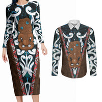 New Zealand Whakairo Couples Matching Long Sleeve Bodycon Dress and Long Sleeve Button Shirt Tiki Maori Carving Taniko Motifs