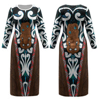 New Zealand Whakairo Couples Matching Long Sleeve Bodycon Dress and Long Sleeve Button Shirt Tiki Maori Carving Taniko Motifs