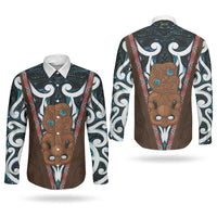 New Zealand Whakairo Couples Matching Mermaid Dress and Long Sleeve Button Shirt Tiki Maori Carving Taniko Motifs