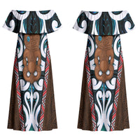 New Zealand Whakairo Couples Matching Off Shoulder Maxi Dress and Hawaiian Shirt Tiki Maori Carving Taniko Motifs