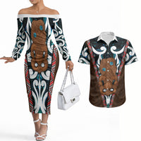 New Zealand Whakairo Couples Matching Off The Shoulder Long Sleeve Dress and Hawaiian Shirt Tiki Maori Carving Taniko Motifs