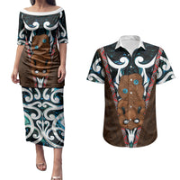 New Zealand Whakairo Couples Matching Puletasi and Hawaiian Shirt Tiki Maori Carving Taniko Motifs