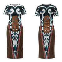 New Zealand Whakairo Couples Matching Short Sleeve Bodycon Dress and Long Sleeve Button Shirt Tiki Maori Carving Taniko Motifs