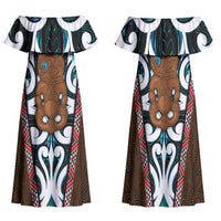 New Zealand Whakairo Family Matching Off Shoulder Maxi Dress and Hawaiian Shirt Tiki Maori Carving Taniko Motifs