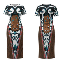 New Zealand Whakairo Family Matching Short Sleeve Bodycon Dress and Hawaiian Shirt Tiki Maori Carving Taniko Motifs