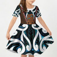 New Zealand Whakairo Kid Short Sleeve Dress Tiki Maori Carving Taniko Motifs
