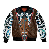 New Zealand Whakairo Sleeve Zip Bomber Jacket Tiki Maori Carving Taniko Motifs