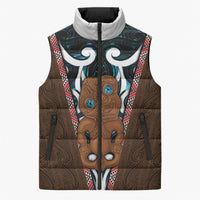 New Zealand Whakairo Sleeveless Puffer Jacket Tiki Maori Carving Taniko Motifs