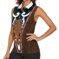 New Zealand Whakairo Women Sleeveless Polo Shirt Tiki Maori Carving Taniko Motifs