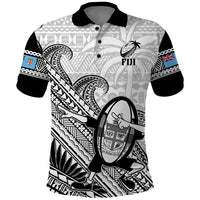 Fiji Tapa Rugby Polo Shirt Flying Fijian 2023 World Cup With Dabbing Ball LT14 White - Polynesian Pride