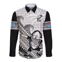 Custom Fiji Tapa Rugby Long Sleeve Button Shirt Flying Fijian 2023 World Cup With Dabbing Ball LT14 Unisex White - Polynesian Pride