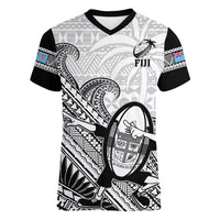 Custom Fiji Tapa Rugby Women V Neck T Shirt Flying Fijian 2023 World Cup With Dabbing Ball LT14 Female White - Polynesian Pride