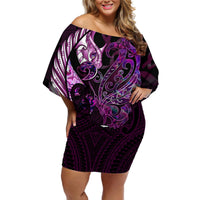 Personalised New Zealand Breast Cancer Off Shoulder Short Dress Fight Like A Girl Pink Manaia Fern With Paua Shell LT14 Women Pink - Polynesian Pride