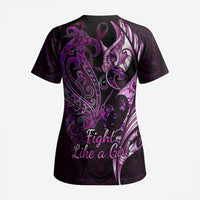 Personalised New Zealand Breast Cancer Scrub Top Fight Like A Girl Pink Manaia Fern With Paua Shell - Polynesian Pride