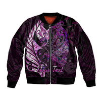 Personalised New Zealand Breast Cancer Sleeve Zip Bomber Jacket Fight Like A Girl Pink Manaia Fern With Paua Shell LT14 Unisex Pink - Polynesian Pride