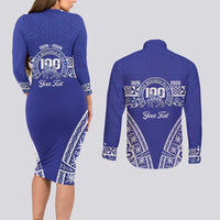 Personalised Queen Salote College Couples Matching Long Sleeve Bodycon Dress and Long Sleeve Button Shirt Kolisi Fefine 100th Anniversary Kupesi Blue - Polynesian Pride