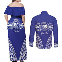 Personalised Queen Salote College Couples Matching Off Shoulder Maxi Dress and Long Sleeve Button Shirt Kolisi Fefine 100th Anniversary Kupesi Blue - Polynesian Pride