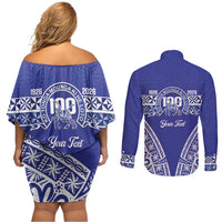 Personalised Queen Salote College Couples Matching Off Shoulder Short Dress and Long Sleeve Button Shirt Kolisi Fefine 100th Anniversary Kupesi Blue - Polynesian Pride