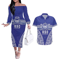 Personalised Queen Salote College Couples Matching Off The Shoulder Long Sleeve Dress and Hawaiian Shirt Kolisi Fefine 100th Anniversary Kupesi Blue - Polynesian Pride