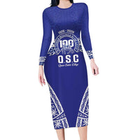 Personalised Queen Salote College Long Sleeve Bodycon Dress Kolisi Fefine 100th Anniversary Kupesi Blue - Polynesian Pride
