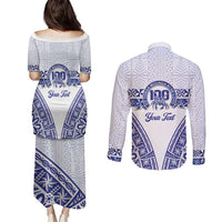 Personalised Queen Salote College Couples Matching Puletasi and Long Sleeve Button Shirt Kolisi Fefine 100th Anniversary Kupesi White - Polynesian Pride