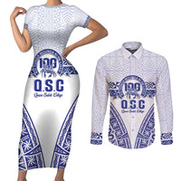 Personalised Queen Salote College Couples Matching Short Sleeve Bodycon Dress and Long Sleeve Button Shirt Kolisi Fefine 100th Anniversary Kupesi White - Polynesian Pride