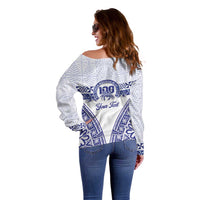 Personalised Queen Salote College Off Shoulder Sweater Kolisi Fefine 100th Anniversary Kupesi White - Polynesian Pride